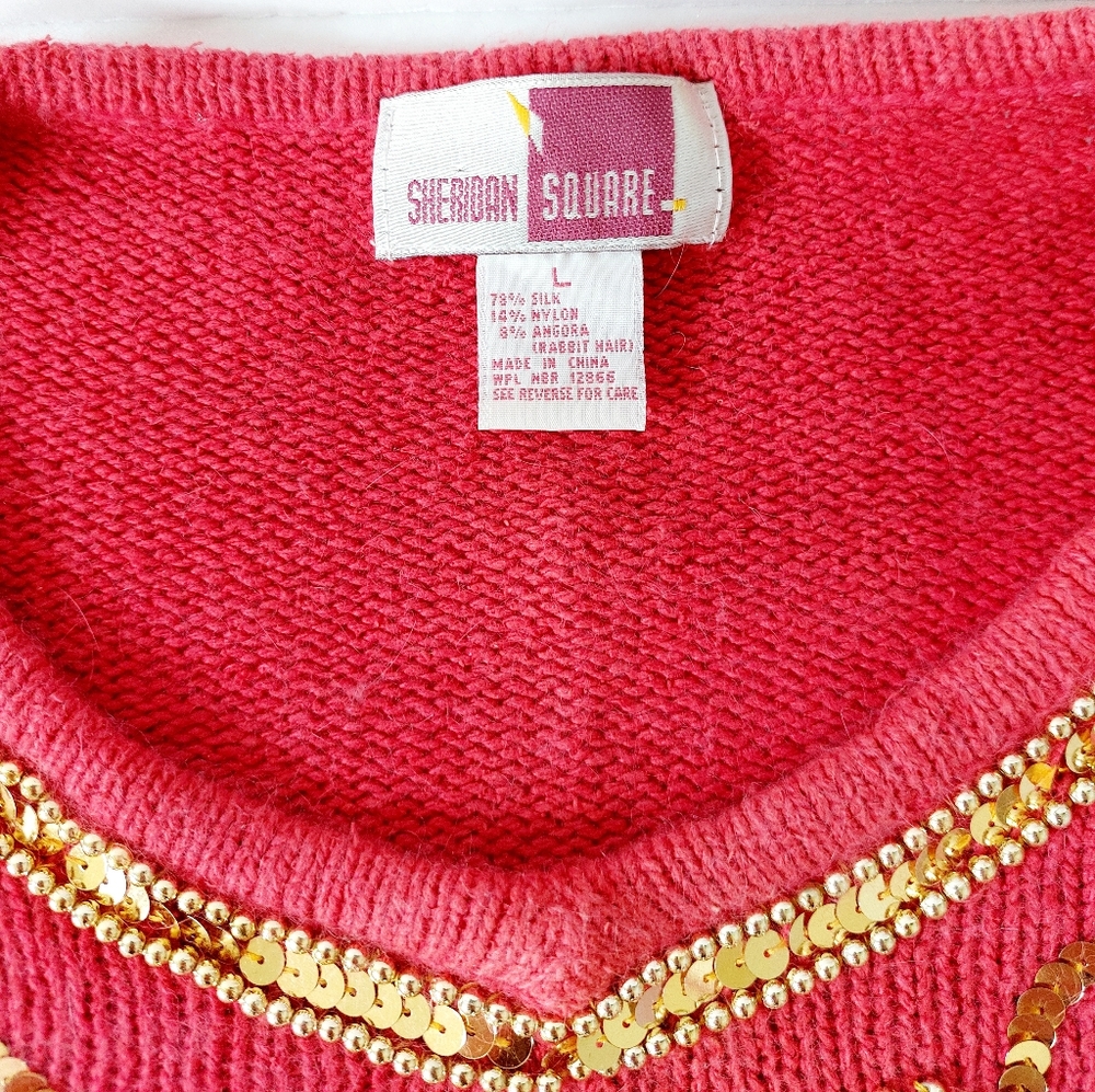 Vintage Sequin & Beaded Light Red Silk & Angora‎ Sweater Large Sheridan Square - Picture 4 of 7